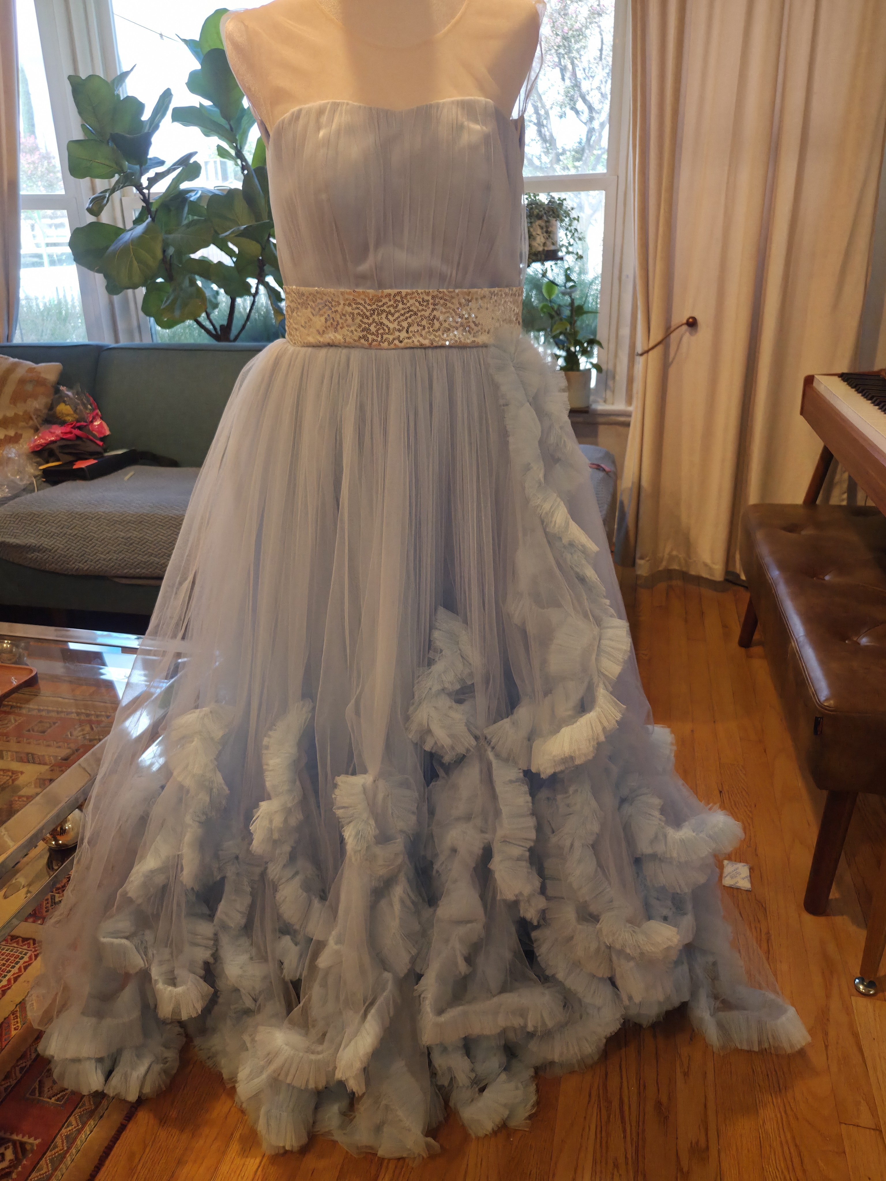 Mother &Daughter Matching Soft Blue Ruffled Tulle Gown With Beaded Waist